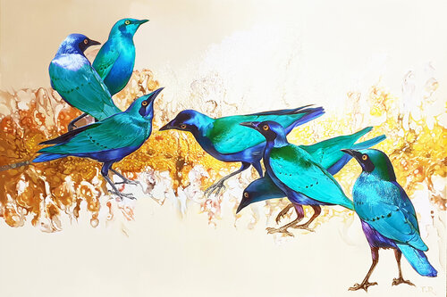 AT THE STREAM / GREATER BLUE-EARED STARLINGS von Tatiana Rezvaya, Malerei kaufen auf Singulart
