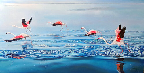 WING-SURFERS (PINK FLAMINGOES) par Tatiana Rezvaya, Peinture en vente sur Singulart