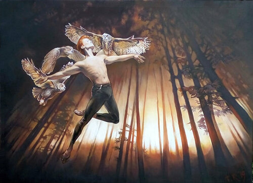 DANCING WITH OWLS  / NIGHT INSPIRATION von Tatiana Rezvaya, Malerei kaufen auf Singulart