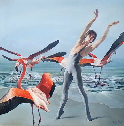 DANCING WITH FLAMINGOS / ARTEM OVCHARENKO, PRINCIPAL DANCER OF BOLSHOI THEATRE. von Tatiana Rezvaya, Malerei kaufen auf Singulart