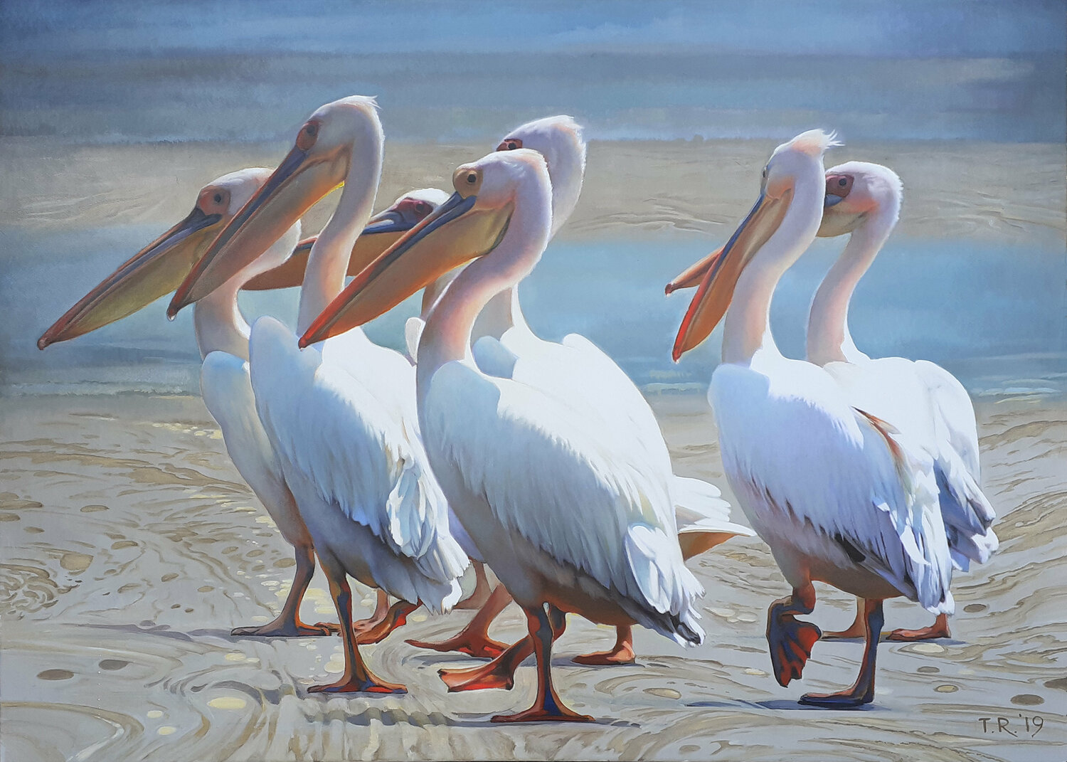 FISHING TIME / PELICANS Tatiana Rezvaya Originalgemälde zu verkaufen