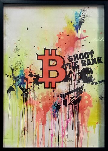 Bitcoin on Shoot The Bank par Jp Malot, Œuvre sur papier en vente sur Singulart