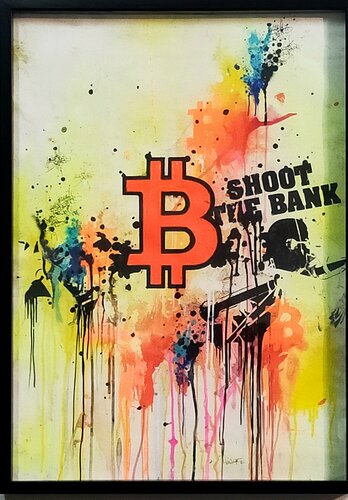Bitcoin on Shoot The Bank par Jp Malot, Œuvre sur papier en vente sur Singulart