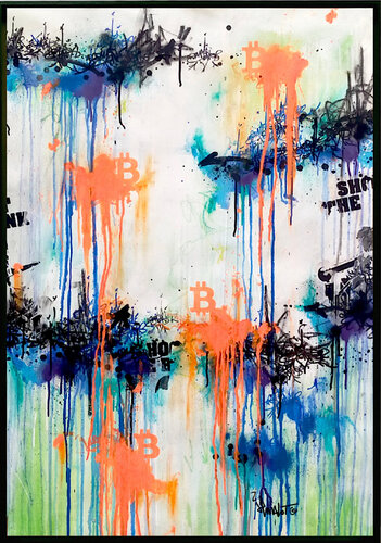 BITCOIN X SHOOT THE BANK ON ABSTRACT 116X81 di Jp Malot, Pittura in vendita su Singulart