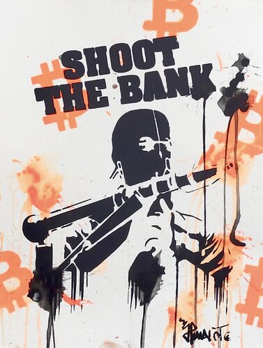 SHOOT THE BANK x BITCOIN (meetup paris event anniversary @ christmas event) by Jp Malot, 종이 for Sale on Singulart