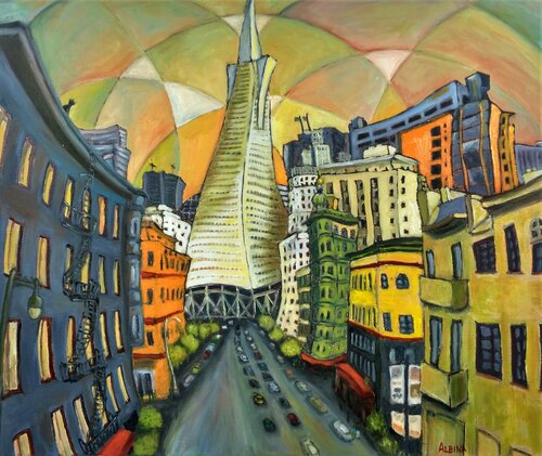 Dancing pyramid (Transamerica Pyramid de San Francisco) van Albina Urbanek, Schilderij te koop op Singulart