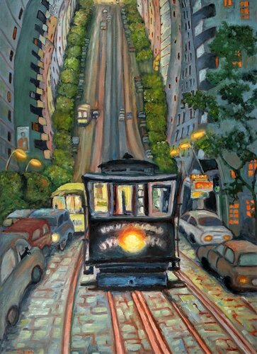 "Halfway to the stars" (Voyage en Cable Car de San Francisco) de Albina Urbanek, Pintura a la venta en Singulart