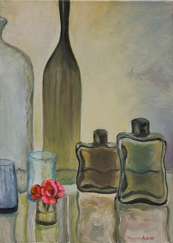 Nature morte au bouteille d'eau de Cologne von Albina Urbanek, Malerei kaufen auf Singulart