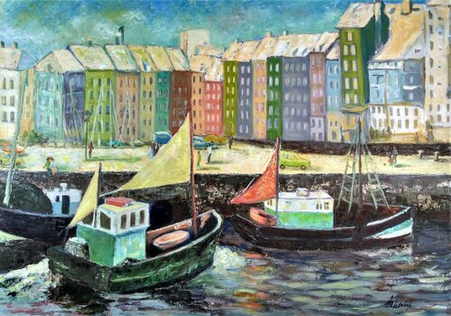 "Small harbor of happiness" (Honfleur, France) par Albina Urbanek, Peinture en vente sur Singulart