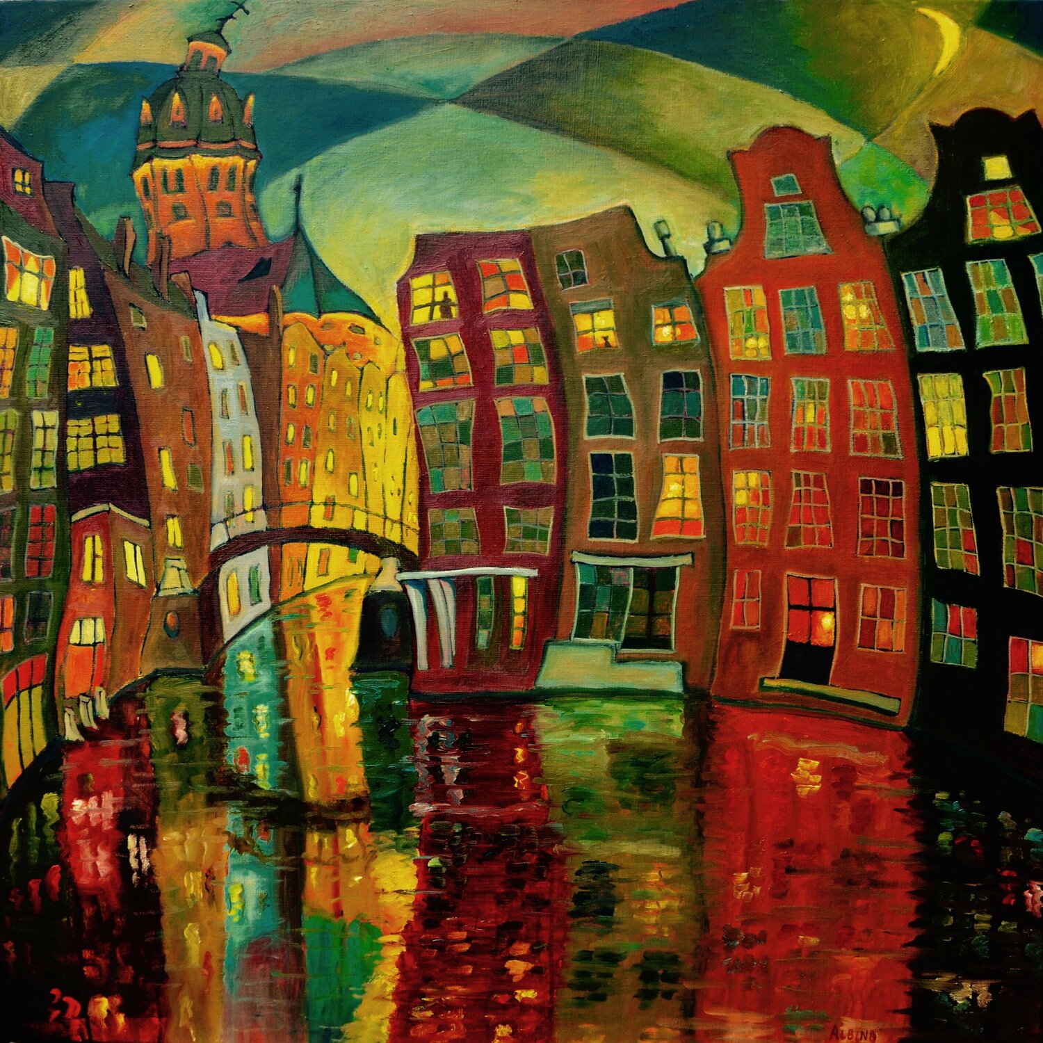 "Night cruise in Amsterdam" Albina Urbanek Originalgemälde zu verkaufen