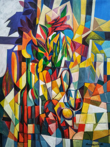 Still life with roses (60x80cm, cubism, oil painting, ready to hang) van Artsrun Asatryan, Schilderij te koop op Singulart