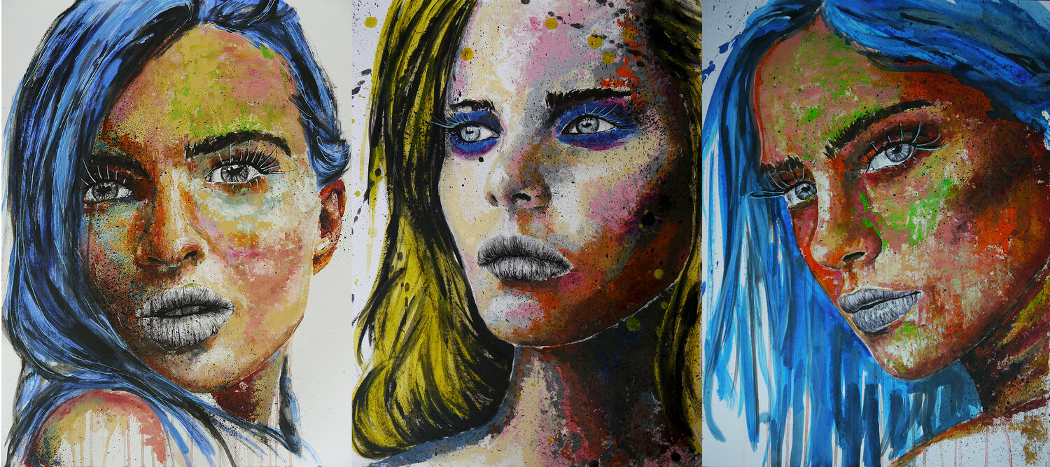3 Paintings Portrait PS 47 + PS 51 + PS 95 Women ART by