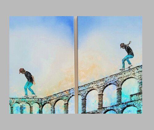 The twins and their skateboards  -Diptych di Hanneke Pereboom, Pittura in vendita su Singulart