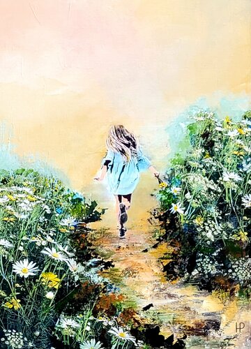 Running  girl in flower meadow 1 di Hanneke Pereboom, Pittura in vendita su Singulart