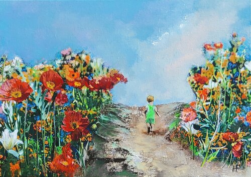 Walking in the poppy fields di Hanneke Pereboom, Pittura in vendita su Singulart