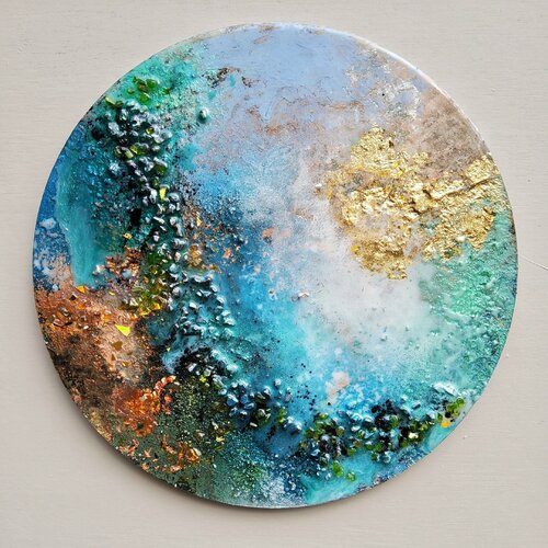 Blue, gold, copper and glass 1  (round) di Hanneke Pereboom, Pittura in vendita su Singulart