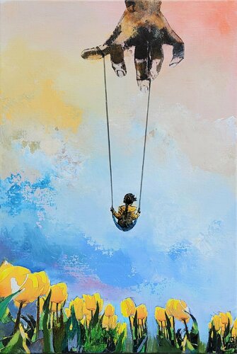 The girl, the giant and the tulips. von Hanneke Pereboom, Malerei kaufen auf Singulart