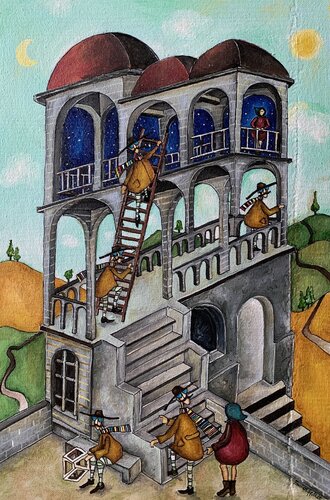 DOMÈ E IL BELVEDERE DEI MONDI PARALLELI by Enrica Toffoli, 회화 for Sale on Singulart