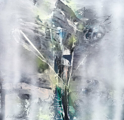 Eautiful and fascinating vase with flowers abstract cement grey soft green about perenity by O KLOSKA di Ovidiu Kloska, Pittura in vendita su Singulart