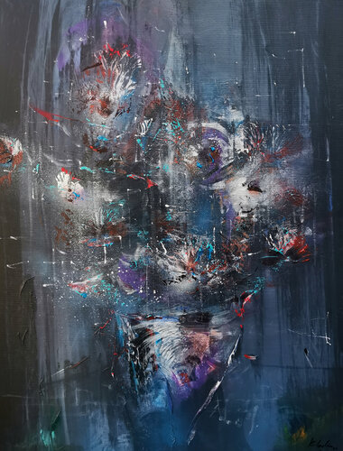 Dark Blue Enigmatic Ghostly Pot With Flowers Masterpiece Painting By O KLOSKA di Ovidiu Kloska, Pittura in vendita su Singulart