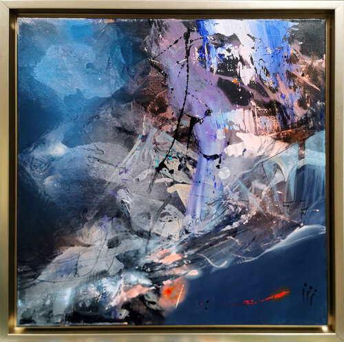 Framed restless space blue abstract mindscape beautiful colors by O Kloska di Ovidiu Kloska, Pittura in vendita su Singulart
