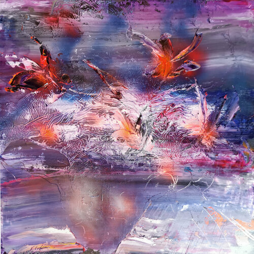 Stunning incandescent flowers in a pot superbe colors composition by master O Kloska di Ovidiu Kloska, Pittura in vendita su Singulart