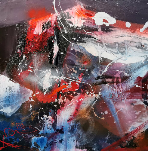 Large scale painting fascinating mindscape Flying Hills And Melancholic Waterfalls signed Kloska O van Ovidiu Kloska, Schilderij te koop op Singulart