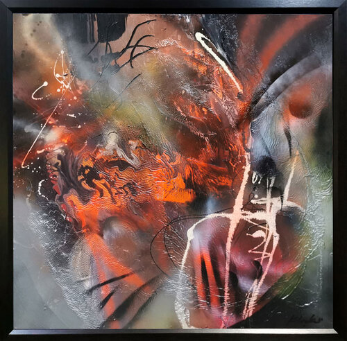 Large framed stunning abstract art heart pounding incandescent rich texture painting by Kloska van Ovidiu Kloska, Schilderij te koop op Singulart