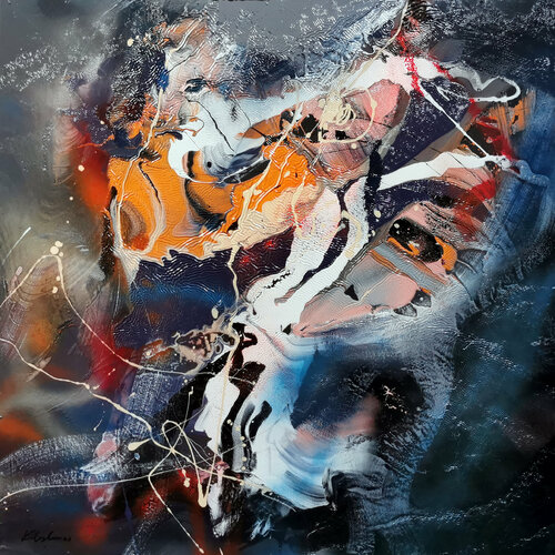 Nocturnal dance stunning abstract relief painting on wood beautiful color combination Kloska van Ovidiu Kloska, Schilderij te koop op Singulart