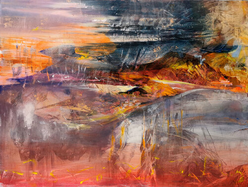 Autumun colors enigmatic mindscape golden hills after the storm Kloska di Ovidiu Kloska, Pittura in vendita su Singulart