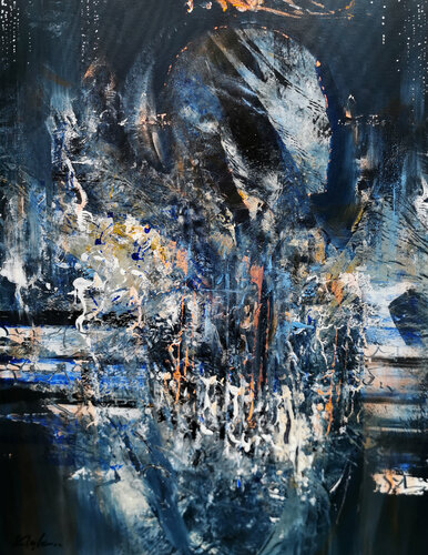 Beautiful abstract dark blue angel series painting by KLOSKA van Ovidiu Kloska, Schilderij te koop op Singulart