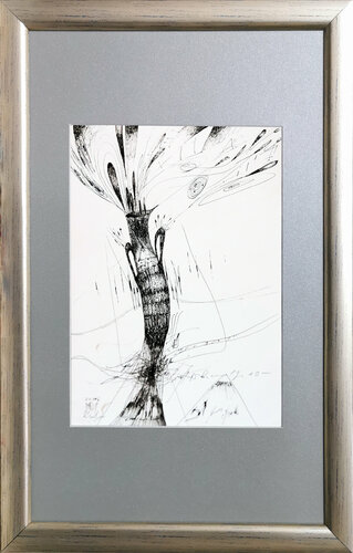 Framed delicate spontaneous vibrating lines enigmatic still life by O KLOSKA van Ovidiu Kloska, Tekening te koop op Singulart
