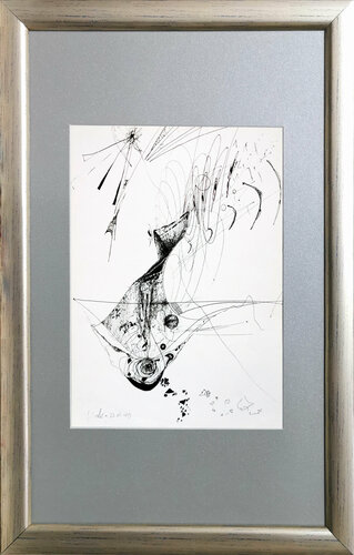 Framed strange spontaneous vibrating lines enigmatic still life by O KLOSKA van Ovidiu Kloska, Tekening te koop op Singulart