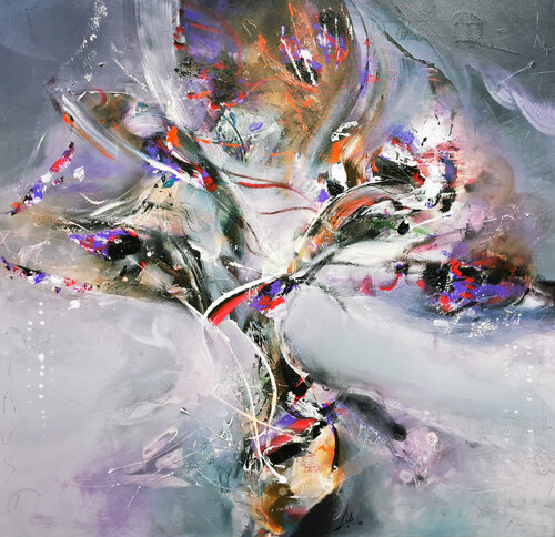 Enigmatic abstract dark purple still life painting by O KLOSKA van Ovidiu Kloska, Schilderij te koop op Singulart