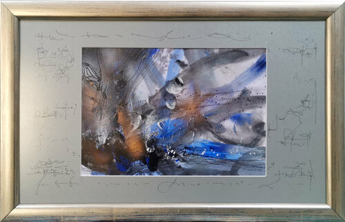 Framed enigmatic abstract mindscape spring blue flowers signed KLOSKA Ovidiu Kloska