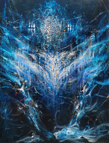Large XXL enigmatic metaphysical blue abstract angel composition by master KLOSKA van Ovidiu Kloska, Schilderij te koop op Singulart