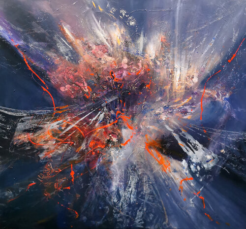 Large scale 120x120cm stunning enigmatic beautiful colors fantastic painting flying dreams by O KLOSKA par Ovidiu Kloska, Peinture en vente sur Singulart