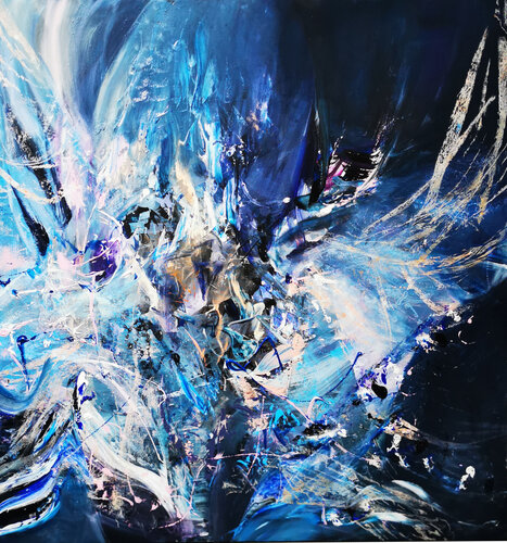 Large scale 120x120cm stunning enigmatic beautiful colors fantastic painting flying by O KLOSKA par Ovidiu Kloska, Peinture en vente sur Singulart