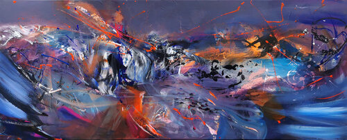 Large scale 69x172cm stunning enigmatic beautiful colors fantastic painting flying escape by O KLOSKA par Ovidiu Kloska, Peinture en vente sur Singulart