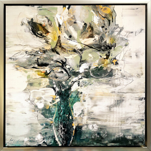 Beautiful green and gray enigmatic framed about eternity and perenity still life painting by O KLOSKA par Ovidiu Kloska, Peinture en vente sur Singulart