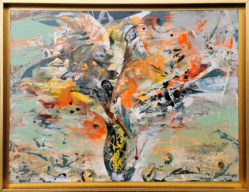 Beautiful green and orange framed painting about eternity and perenity still life painting by O KLOSKA par Ovidiu Kloska, Peinture en vente sur Singulart