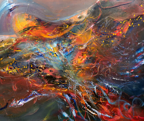 Large scale 140x120 cm stunning enigmatic beautiful colors fantastic painting flying dreams by O KLOSKA par Ovidiu Kloska, Peinture en vente sur Singulart