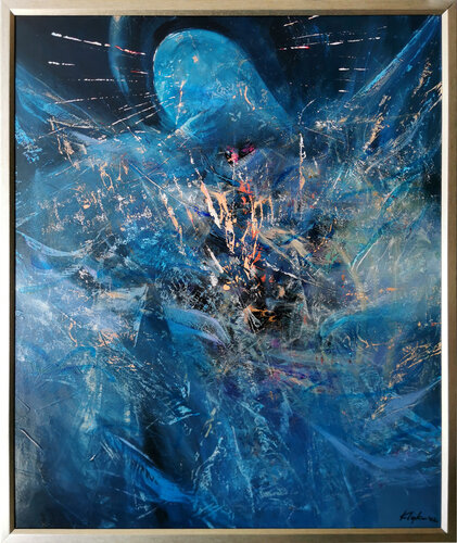 Large XXL framed fantastic blue abstract angel composition by master KLOSKA van Ovidiu Kloska, Schilderij te koop op Singulart
