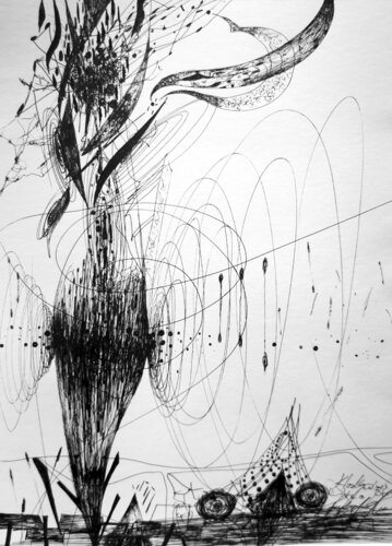 Beautiful strange spontaneous vibrating lines enigmatic still life by O KLOSKA van Ovidiu Kloska, Tekening te koop op Singulart