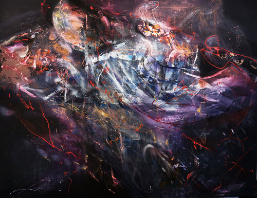 Enigmatic dark beauty abstract large scale xxl painting flyer by master O Kloska par Ovidiu Kloska, Peinture en vente sur Singulart