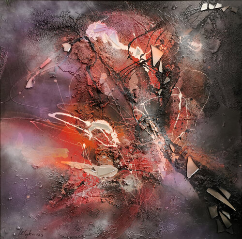 Stunning relief painting mixed media on wood incandescent heart 5 O KLOSKA par Ovidiu Kloska, Peinture en vente sur Singulart