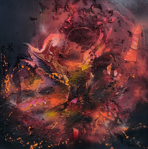 Mixed textured media on wood collage incandescent heart (6) O KLOSKA par Ovidiu Kloska, Peinture en vente sur Singulart