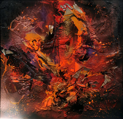 Mixed textured media on wood collage incandescent heart (7) O KLOSKA Ovidiu Kloska