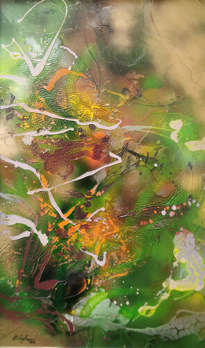 Wind and flowers in a Tibet garden 1 beautiful mixed media on wood action painting by KLOSKA par Ovidiu Kloska, Peinture en vente sur Singulart