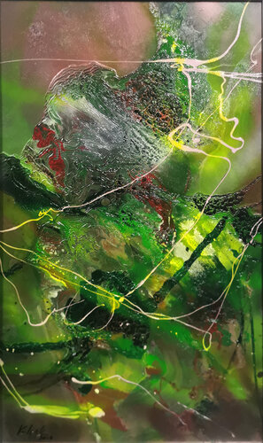 Wind and flowers in a Tibet garden 2 beautiful mixed media on wood action painting by KLOSKA par Ovidiu Kloska, Peinture en vente sur Singulart